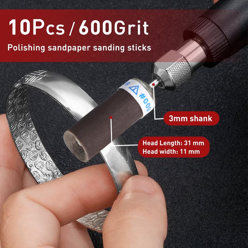 PONTASS 10Pcs 600 Grit Sanding Drums Sandpaper Sticks Set with 1/8"(3mm) Shank for Dremel Rotary Tool, Suitable for Metal Rust Removal/Jade Polishing/Stone Grinding - Image 3